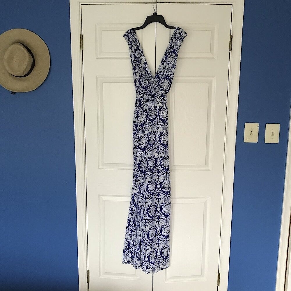 Akira Chicago Blue White Maxi Dress, Small